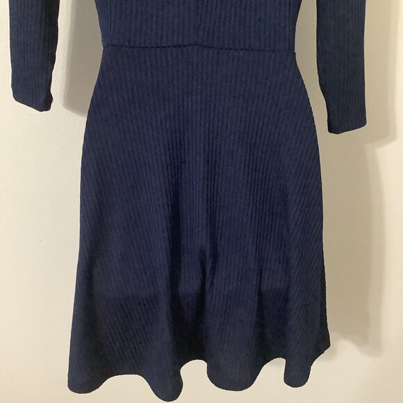 H&M Navy Blue Ribbed Tie Front Twee Preppy Academic Retro Knee Length Dress Sz 8 - Picture 7 of 8